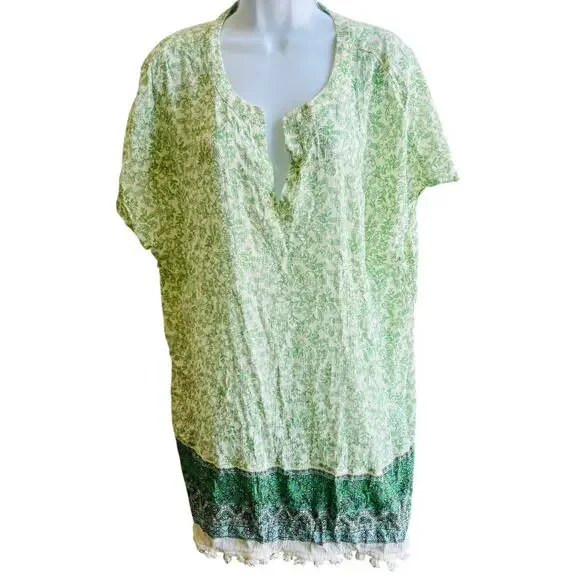 J.Jill Crinkle Tunic Top 3X Green Boho Floral Tassel Hem India Made - Picture 1 of 4